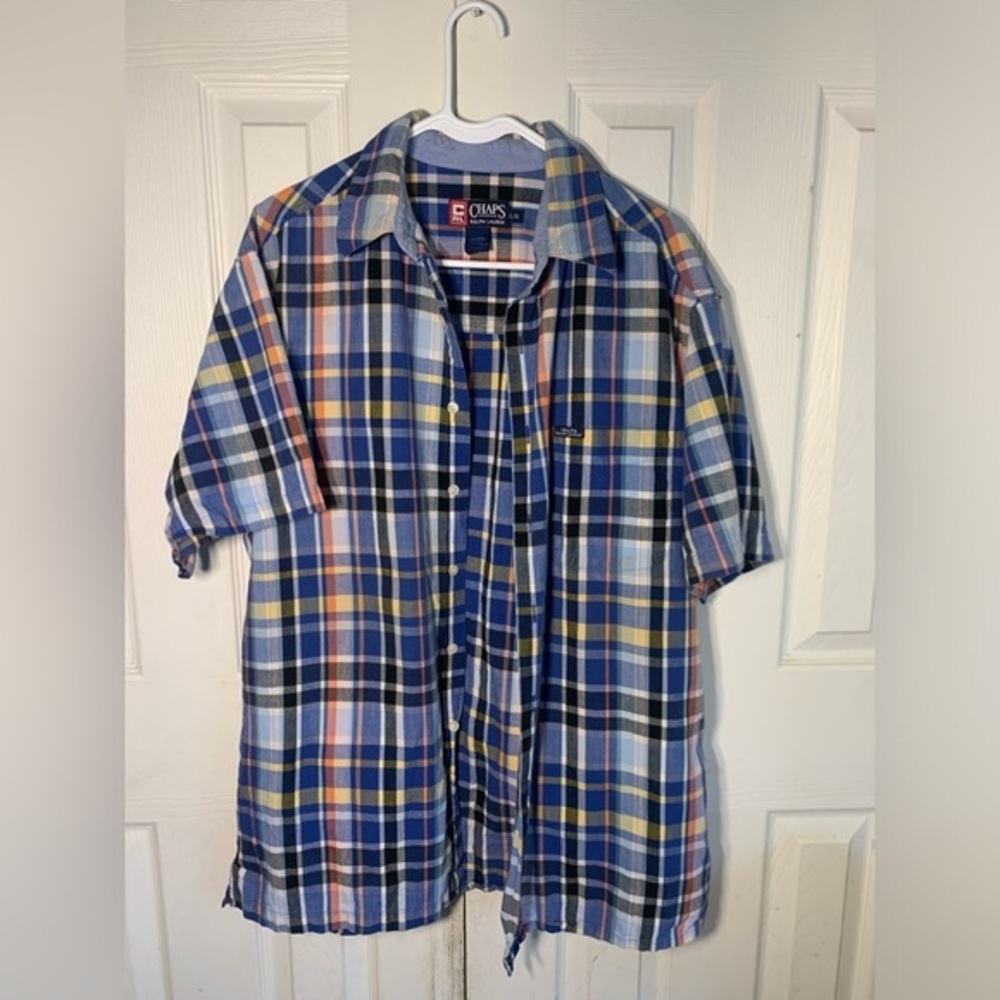 mens ralph lauren chaps plaid Cotton Blue short sleeve shirt Summer button‎ down
